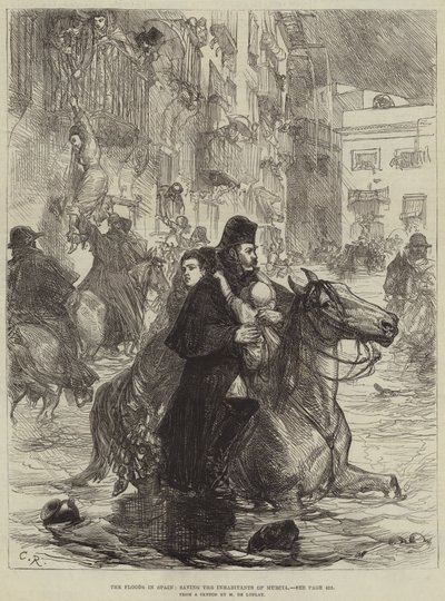 Die Überschwemmungen in Spanien, Rettung der Einwohner von Murcia (Gravur) von French School