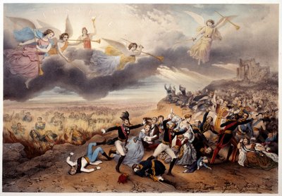 Das Jüngste Gericht. Die Engel der Apokalypse blasen die Trompeten und verkünden das Jüngste Gericht vor den Monarchen und anderen Protagonisten der französischen Geschichte. Napoleon I und Vertreter des Ancien Régime brennen in den Flammen der Hölle. Illu von French School