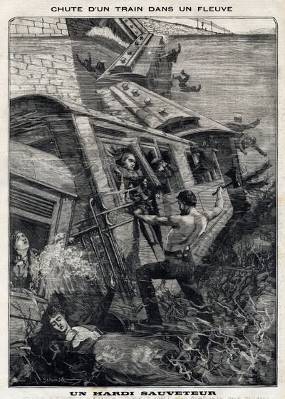 Der New York Buffalo Zug stürzt in einen Fluss in den USA: Ein Mann versucht, Passagiere vor dem Ertrinken zu retten. In Le Petit Parisien am 7.11.1897. Private Sammlung von French School