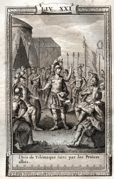 Die Ankündigung von Telemachus gefolgt von den verbündeten Prinzen - Gravur von 1798 nach Monnet in Les Aventures de Telemaque, fils d