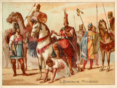 Der persische König Shapur I. benutzt den gefangenen römischen Kaiser Valerian als Fußschemel, ca. 260 von French School