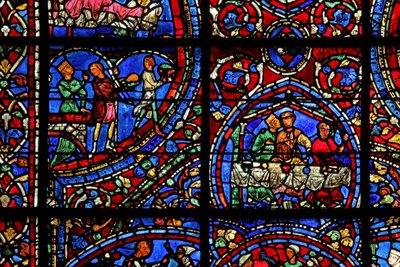 Das Fenster des verlorenen Sohnes: Kurtisanen organisieren ein Mahl; er umarmt eine der Kurtisanen von French School