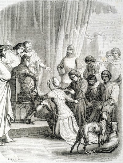 Die Königin von England (Philippa von Hennegau) bittet ihren Ehemann Edward III. um Gnade für die Einwohner von Calais (Episode der 6 Bürger von Calais) von French School