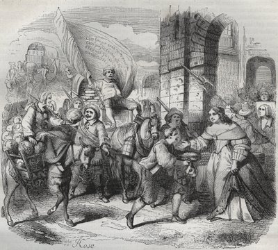 Die Rückkehr von Gonesse, Episode der Fronde: die „Dame von Paris“ begrüßt die „Dame von Aubervilliers“ und die „Nouricier Gonesse“, die gekommen sind, um sie zu versorgen. Gravur frondeuse 1649 - Gravur in „Paris a travers les siecles“ von H. Gourdon de G von French School