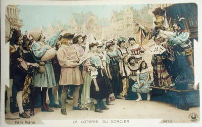 Die Lotterie des Zauberers (Standbild aus einem Pathe-Film), Postkarte aus den frühen 1920er Jahren (Farblithografie) von French School