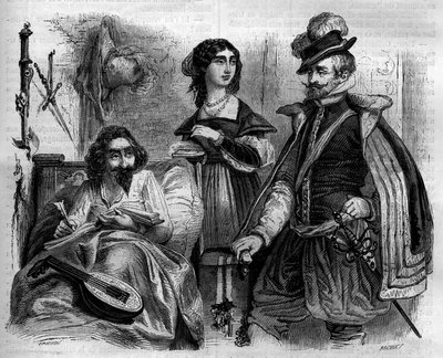 Der spanische Schriftsteller Miguel de Cervantes Saavedra (1547-1616) zu Hause im Jahr 1614 umgeben von seiner Frau und dem Grafen von Lemos. Gravur von 1852. von French School