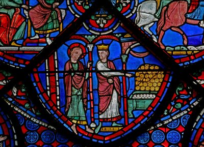 Das St. Thomas Fenster: Er wird vom König Gold gezeigt von French School