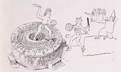 Der Temalacati oder Gladiatorenstein, aus dem Codex Ramirez, aus 