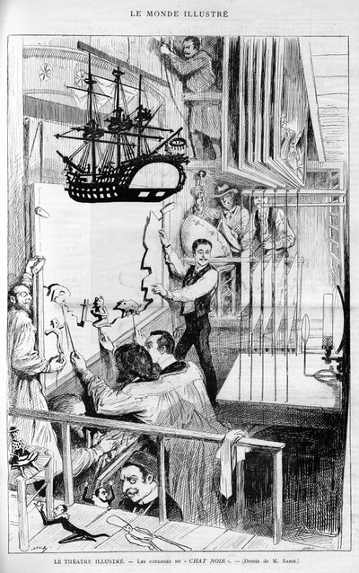 Das Theater illustriert: Hinter den Kulissen des „Chat noir“. Gravur in „Le Monde Illustré“, 1888. von French School