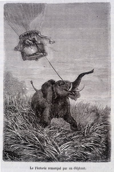 Die Victoria von einem Elefanten gezogen - in „Fünf Wochen im Ballon“, Roman von Jules Verne von French School