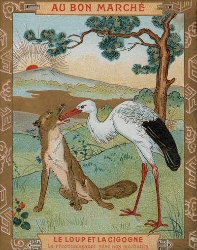 Der Wolf und der Kranich, eine von Äsops Fabeln von French School