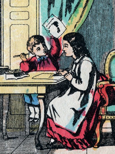 Die Aktivitäten für Mädchen aus guten Familien: einem kleinen Bruder bei den Hausaufgaben helfen - Epinal-Bild - 19. Jahrhundert von French School