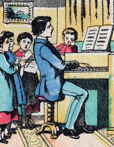 Die Aktivitäten für Mädchen aus guten Familien: Musikunterricht - Epinal-Bild - 19. Jahrhundert (Gravur) von French School