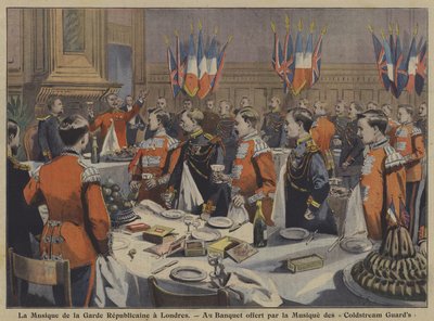 Die Kapelle der französischen Republikanischen Garde bei einem Bankett, das von der Kapelle der Coldstream Guards in London veranstaltet wurde (Farblithografie) von French School