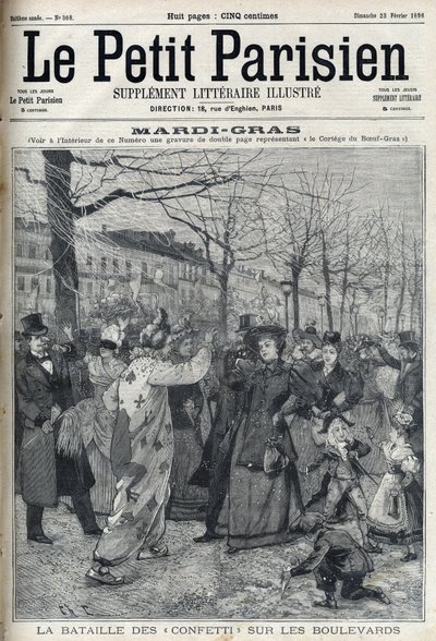 Die Schlacht der Konfetti auf dem Pariser Boulevard während des Karnevals (Mardi-Gras). Gravur in "Le petit Parisien" von French School