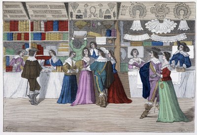 Die Boutiquen der Galerie des Gerichtsgebäudes unter Ludwig XIII. - in „Paris durch die Jahrhunderte“ von French School
