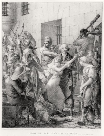 Der Mut von Elisabeth Cazotte, die ihren Vater vor dem Mob schützt (Stich) von French School