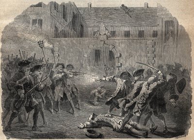 Der Bandit Louis Dominique Garthausen genannt Cartouche (1693-1721) und seine Gefährten, die das Hotel Desmaretz in Paris ausrauben wollen, werden überrascht und von den Bogenschützen angegriffen. Nach einem heftigen Kampf fliehen sie über die Dächer - Fra von French School