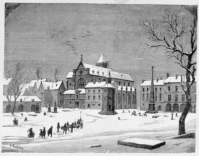 Die Kirche des Friedhofs der Unschuldigen im Jahr 1445 - in „Paris through the centuries“ von H. Gourdon de Kenouillac von French School