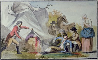 Der Tod von Francois Pilatre de Rozier (1754-85) bei Boulogne am 15. Juni 1785 nach dem Versuch, den Kanal in einem Mongolfiere-Ballon zu überqueren von French School