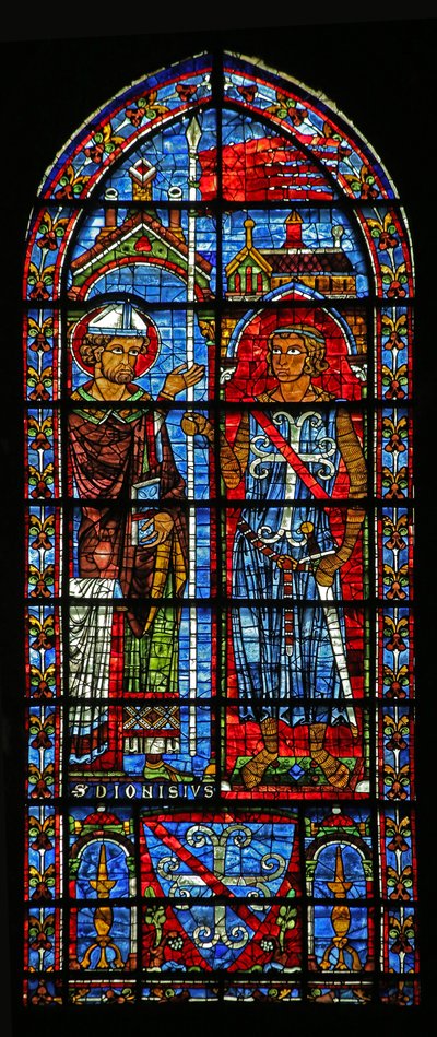 Der Stifter Jean Clement erhält das Banner von St. Denis; seine Wappen unten von French School