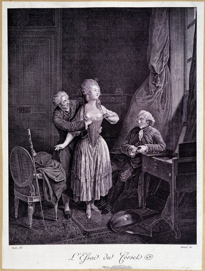 Das Korsett-Essay (zwei Männer und eine Frau mit entblößten Brüsten) - 18. Gravur von French School