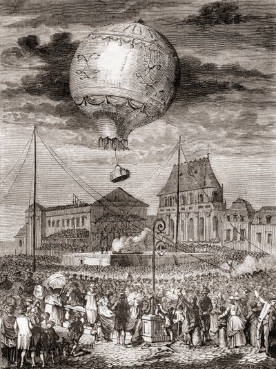 Der Flug des Aérostat Réveillon am 19. September 1783 durch die Montgolfier-Brüder in Versailles, Frankreich, vor König Ludwig XVI. von Frankreich und Königin Marie Antoinette, aus Les Merveilles de la Science, veröffentlicht um 1870 (Gravur) von French School