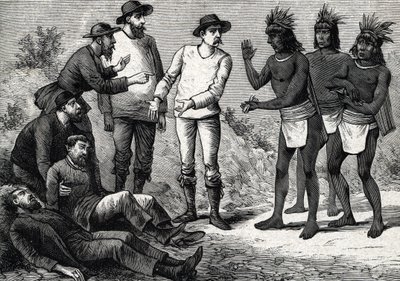 Die Bewohner von Peru helfen den kolonialen Europäern, die an Malaria leiden, mit Chinarinde (Gravur) 1888 von French School