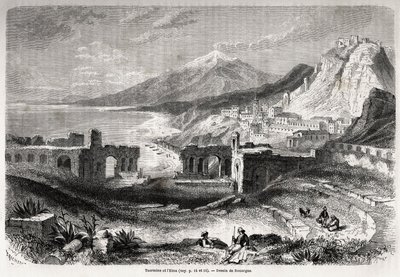 Die Ruinen des antiken Theaters von Taormina (Tauromenium), am Fuße des Berges Taurus, mit Blick auf das moderne Dorf Giardini und den Ätna, Zeichnung von Adolphe Rouargue (1810-187?) und Emile Rouargue (ca. 1795-1865) zur Illustration von Felix Bourquelot von French School