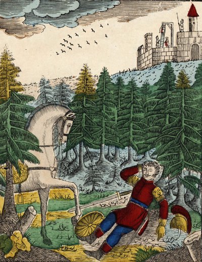 Geschichte der vier Söhne Aymon; Bayard, der das Geräusch der Soldaten hörte, die Ripas bei sich hatte, um Richard zu hängen, weckt Regnault, indem er auf seinen Schild schlägt (Bild des 19. Jahrhunderts) von French School