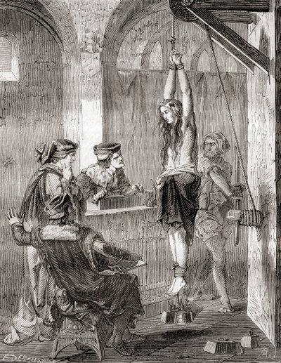 Die Folterung einer Frau, die im Mittelalter der Hexerei beschuldigt wurde, aus Les Merveilles de la Science, veröffentlicht um 1870 (Lithografie) von French School