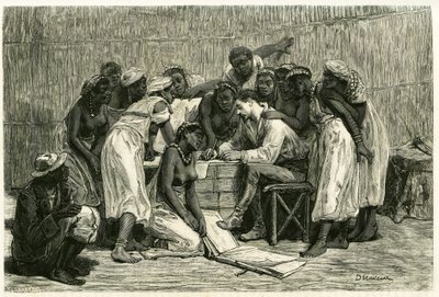 Der Besuch der Königinnen, die sechzehn Ehefrauen von König Sepopo, in Dr. Holubs Kiste. Gravur von D. Maillard, zur Illustration der Geschichte „Im Land der Marutses“, in den Jahren 1875-1879, von Dr. Emile Holub (1847-1902). Veröffentlicht in Le tour du  von French School