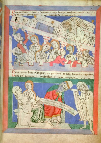 Der Wind, personifiziert durch Satan, bringt das Haus von Hiob über seinen Kindern zum Einsturz, die um den Tisch versammelt sind, und Hiobs Frau fällt in Ohnmacht, als sie die Nachricht hört, aus Moralia in Job von Papst Gregor dem Großen von French School