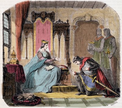 Thibault IV. von Champagne (1201-1253) (auch bekannt als Thibault I. von Navarra), kam zu Füßen der Königin Blanche von Kastilien, um sie vor der Gefahr zu warnen, der sie ausgesetzt war - in „Paris a travers les siècles“ von de Genouillac von French School