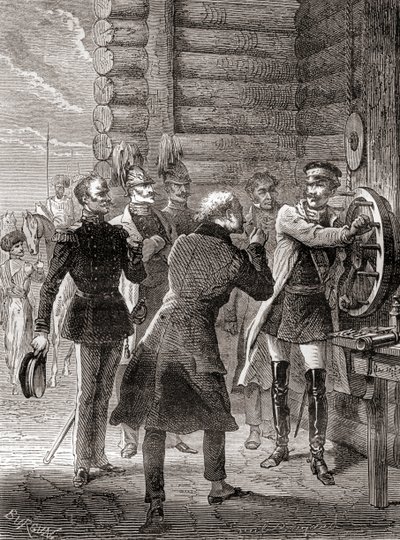 Zar Nikolaus I. eröffnet die Semaphor-Telegraphenlinie zwischen Moskau und Warschau im Jahr 1833, unter Verwendung einer Modifikation des Semaphorsystems von Claude Chappe, aus Les Merveilles de la Science, veröffentlicht um 1870 (Gravur) von French School