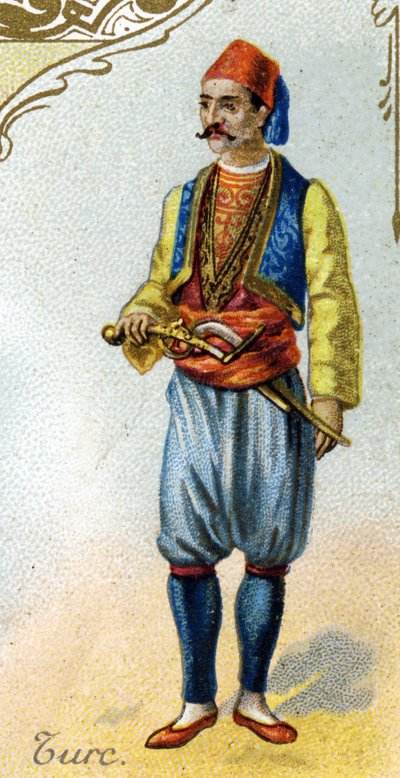 Türkischer Mann. Edition der Pariser Lithographie, Ende des 19. Jahrhunderts. Serie von 25 Werbechromos für die Dijon-Herstellung von Biscuits Pernot, gegründet 1869. Detail der Figuren in traditioneller Tracht von French School