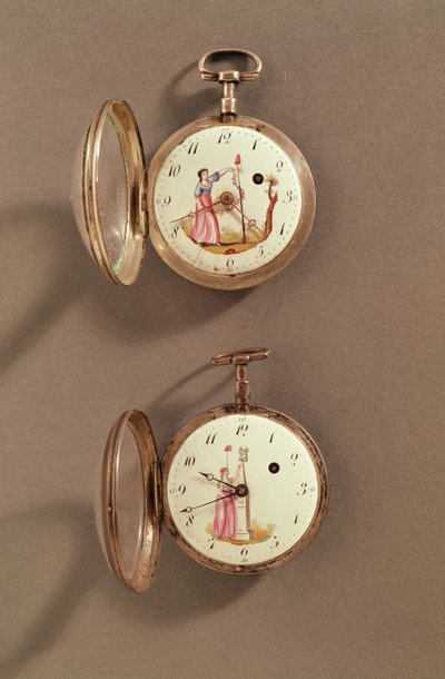 Zwei Taschenuhren mit revolutionären Symbolen (Metall & Emaille) von French School