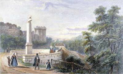 Ansicht von Schloss Dinan und der Statue von Duclos Pinot. Illustration des 19. Jahrhunderts im Museum von Dinan. von French School