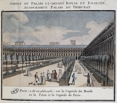 Ansicht des Königspalastes (Palais du Tribunat) mit Garten und Spaziergängern von French School