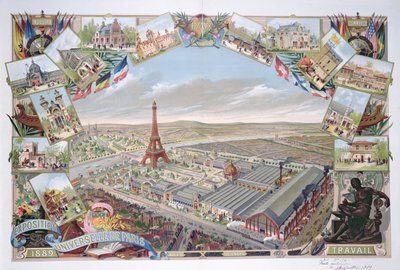 Ansicht der Weltausstellung mit den verschiedenen Pavillons und dem Eiffelturm, 1889 von French School