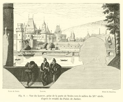 Ansicht des Louvre, von der Porte de Nesles, Mitte des 15. Jahrhunderts, nach dem Altarbild des Justizpalastes von French School