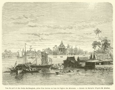 Ansicht des Hafens und der Docks von Bangkok, von einem Boot vor der Missionskirche aus gesehen von French School