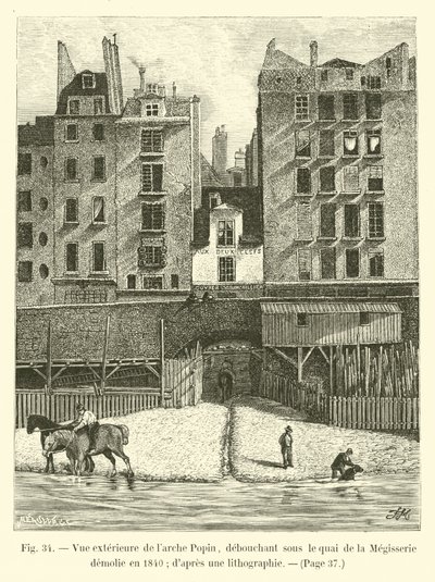 Außenansicht der Arche Popin, die unter dem Quai de la Mégisserie mündet, abgerissen 1840; nach einer Lithographie von French School