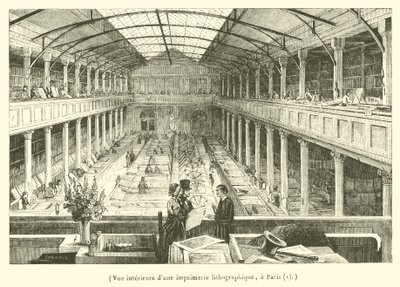Innenansicht einer lithografischen Druckerei in Paris (Gravur) von French School