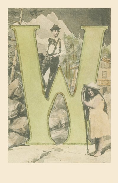 Ein Junge im Tiroler Kostüm, ein Mädchen mit einem Bergstock von French School