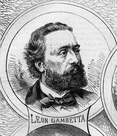 Krieg von 1870 - Regierung der Nationalen Verteidigung: Porträt von Leon Gambetta (1838-1882), Mitglied der provisorischen Regierung von 1870. Gravur in „Le Monde Illustré“ Nr. 706 vom 22. Oktober von French School