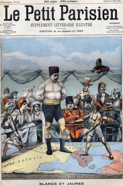 Weiß und Gelb (Karikatur über den Russisch-Japanischen Krieg: Länder wie Frankreich, USA, China... beobachten Japan und Russland beim Boxen). Titelblatt Le petit Parisien vom 3. April von French School