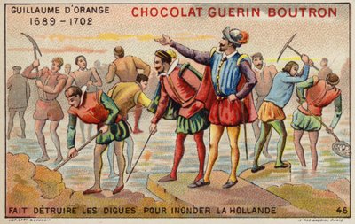 Wilhelm von Oranien zerstört Deiche, um Holland zu überfluten (Chromolithografie) von French School