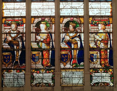 Fenster, das Jacques de Bourbon (1315-61) Comte de la Marche, Jeanne de Chatillon-Saint-Pol (gest. 1371) Jean I de Bourbon (1361-94) und Catherine, Comtesse de Vendome zeigt von French School