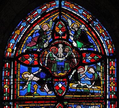Fenster, Darstellung des fünften Abschnitts von w7: der Tod des Heiligen Petrus: seine Seele steigt in den Himmel auf von French School